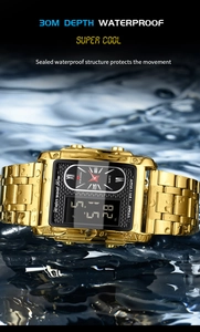 Dettaglio macro dell'orologio digitale dorato impermeabile con doppio display e luce LED