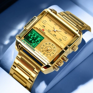 Montre VA VA VOOM Homme Luxe Carré Double Affichage Acier Inoxydable Imperméable Rétroéclairage LED Business Sport Numérique