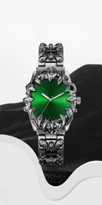 Detail quality of green sunray dial watch with silver-tone embossed industrial patterns