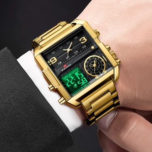 Montre sport carrée dorée à double affichage avec cadrans multifonctions pour hommes