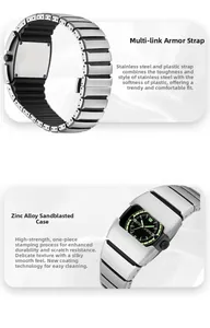 Vue détaillée du boîtier en alliage de zinc sablé et du bracelet montre style armure