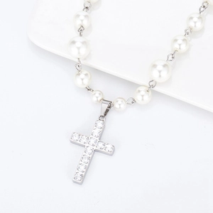 Elegante Edelstahl Künstliche Perlenimitat Kreuz Anhänger Halskette Zirkonia Besetzt Schmuck Für Damen Herren Religiöse Mode Geschenk Accessoire