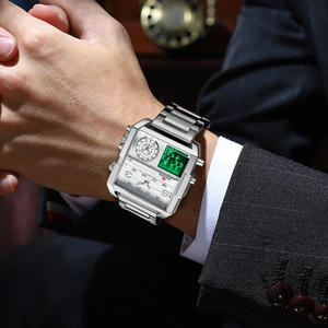 Montre carrée argentée pour hommes avec double affichage et bracelet en acier