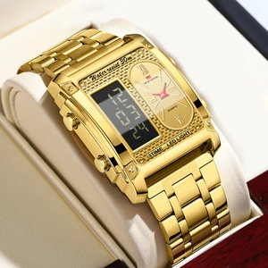 VAVAVOOM Orologio da Uomo Business Doppio Display Impermeabile Cinturino in Acciaio Inox Cassa Quadrata Luce LED Tre Fusi Orari