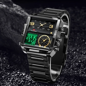 Montre carrée noire pour hommes avec double affichage et bracelet en acier