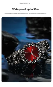 Waterproof men's watch featuring a red sunray dial and unique thorn-textured gunmetal case