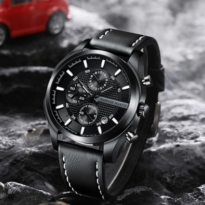 Hannah Martin Herren Business Chronograph Uhr mit schwarzem Lederarmband und Datumsanzeige