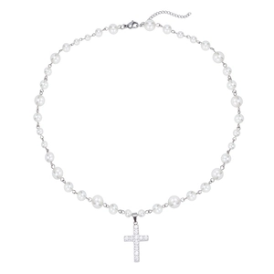 Elegante Edelstahlkette mit runden weißen Perlen und einem funkelnden Kreuzanhänger