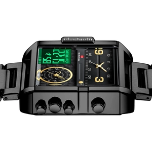 Montre sport homme noire à double affichage avec cadran carré et bracelet en acier