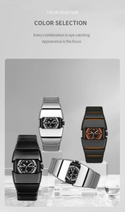 Gros plan de montres à quartz futuristes en noir mat et argent sur des supports