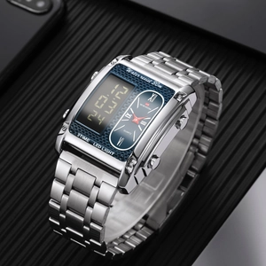 Orologio da uomo impermeabile in acciaio inox con display digitale e analogico quadrato