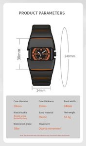 Vue détaillée de la montre de sport à quartz noir et orange avec boîtier de 38 mm et bracelet