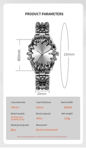 Detailed specs of gothic silver-tone watch with 40mm case and engraved alloy band