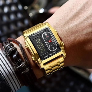 Orologio digitale da uomo dorato con doppio display e cinturino in acciaio resistente