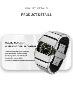 Vue macro d'une montre à quartz futuriste avec index lumineux verts et bracelet argenté