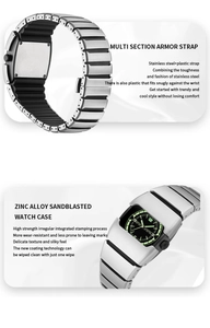 Détail du boîtier en alliage de zinc sablé et du bracelet segmenté en acier inoxydable