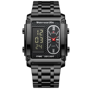 Orologio da uomo rettangolare con doppio display nero, LED e funzione fusi orari multipli