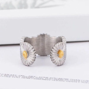 Bague ouverte en acier brossé avec motif marguerite et fleurs jaunes pour femme tendance