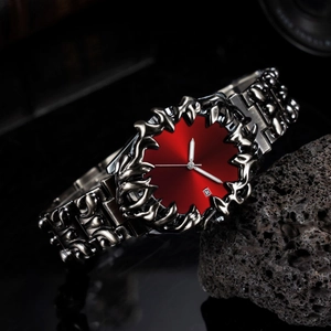Gothic style quartz watch with deep red gradient dial and carved devil claw metal band