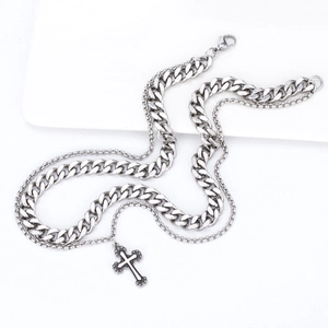 Collier à Double Couche en Acier Inoxydable Rétro Punk avec Pendentif Croix pour Hommes Chaîne Gourmette Argent Bijoux Hip Hop Street
