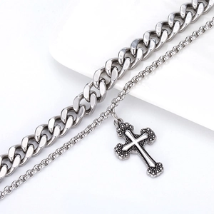 Collier double chaîne cubaine en acier inoxydable avec pendentif croix vintage pour homme