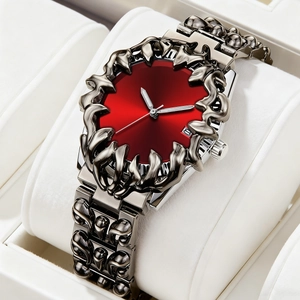 Gothic claw watch with red radial dial, dark metal strap and silver three-hand movement