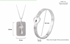 Detailed size specifications of the silver stainless steel lock bracelet and key necklace set