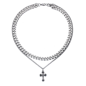 Collier punk vintage en acier inoxydable à double chaîne avec pendentif croix homme