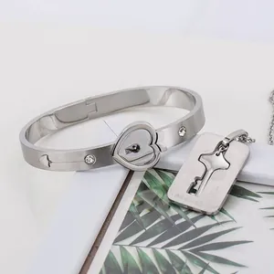 Stainless Steel Heart Lock Bracelet And Key Pendant Necklace Jewelry Ensemble Rhinestone Inlaid Mirror Polished For Couples