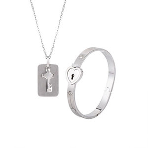 Silver stainless steel heart lock bracelet and key necklace set with zircon accents