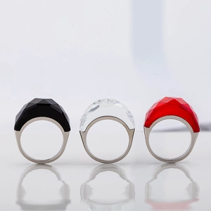 Exaggerated Punk Stainless Steel Ring Large Faceted Translucent Glass Geometric Fashion Jewelry For Men Women Party Ring