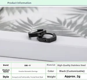 Detail view of black hexagonal stainless steel stud earrings with size and weight info