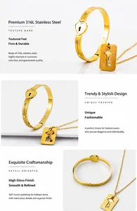 Detail van 18K vergulde 316L roestvrijstalen hartslot armband en sleutel ketting sieradenset