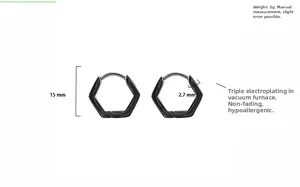 Detail of 15mm black geometric hexagon earrings showing measurements and 2.7mm width