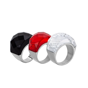 Punk style titanium steel rings with oversized faceted black red and clear glass stones