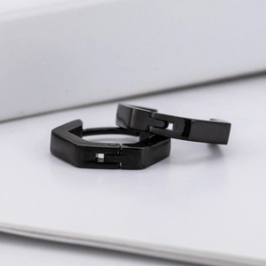 Punk style matte black hexagonal hoop earrings made of durable stainless steel