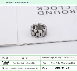 Detail view of silver stainless steel watch chain ring featuring weight specifications