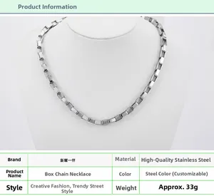 Détail du collier à chaîne box en acier inoxydable 316L pour hommes en argent