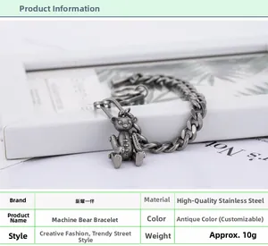 Detail of antique silver stainless steel robot bear bracelet with movable joints
