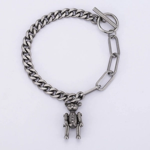 Vintage Titanium Steel Mechanical Teddy Bear Pendant Bracelet Hip Hop Punk Mixed Cuban Chain OT Buckle Unisex Jewelry Gift