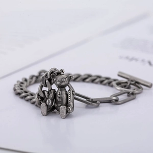 Vintage silver teddy bear bracelet with Cuban link chain and secure OT toggle clasp