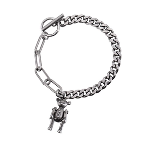 Vintage hip hop chain bracelet featuring a mechanical teddy bear and T-bar clasp