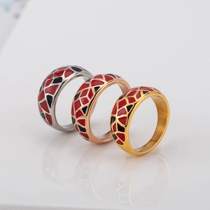 Bague Anneau en Acier Inoxydable Émaillé Vintage pour Hommes Femmes Mosaïque Géométrique Couleur de Contraste Bijoux de Mode