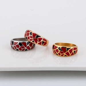 Bagues rétro en acier titane avec motifs mosaïques colorés en émail rouge et noir