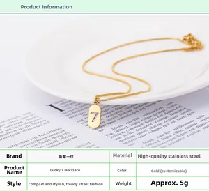 Detailed spec view of the gold lucky number 7 pendant necklace in durable stainless steel