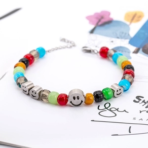 Bracciale Unisex in Acciaio al Titanio con Perle Colorate Lampwork Faccina Sorridente Catena a Perline Regolabile