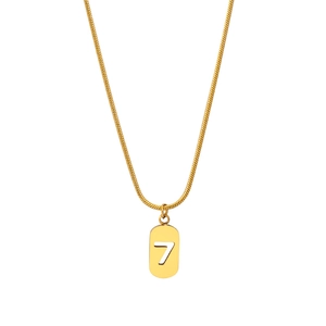 Golden snake chain necklace featuring an oval pendant with a cutout lucky number 7