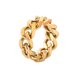 Chic punk style gold-plated Cuban link chain ring with orange enamel accent detail