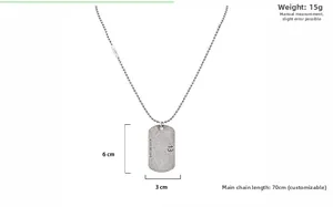 Detail showing the 1314 square pendant dimensions on a long steel ball chain necklace