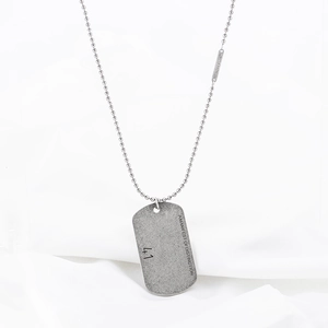 Punk style silver bead chain necklace with rectangular engraved military dog tag pendant